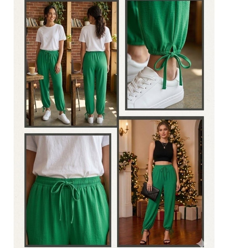 Wide Jogger Pants Women Green Ankle Tie Drawstring Boho Festive Casual Chic Sz M